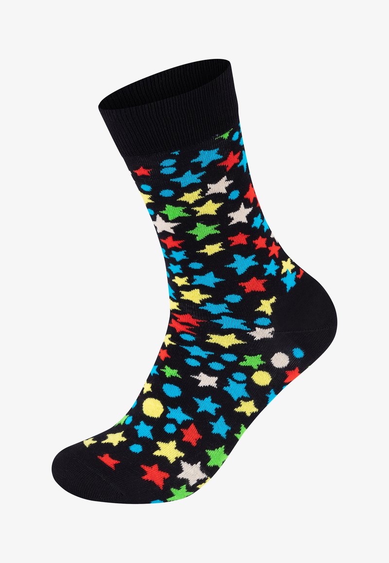 Calcetines negros con un colorido patrón de estrellas y puntos en rojo, azul, amarillo, verde y blanco, fabricados con un material suave y elástico.