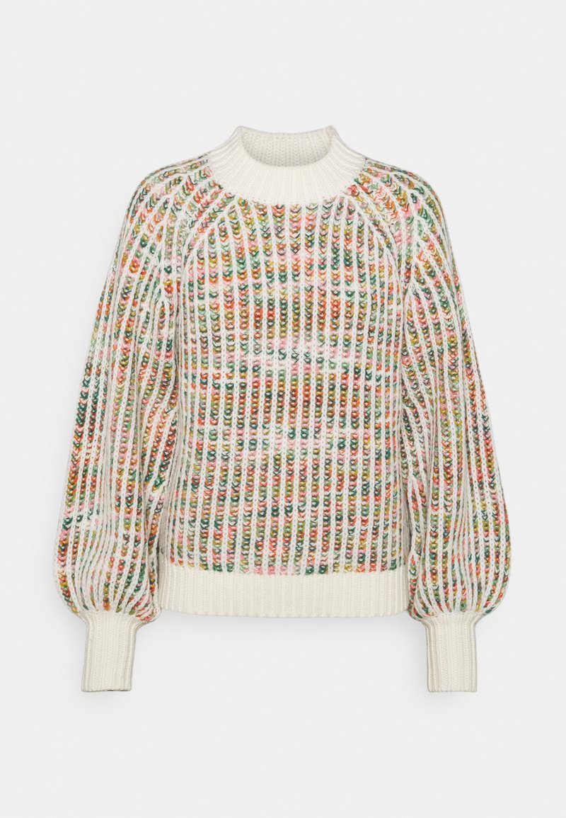 Pull en maille épaisse avec manches ballon en fils crème, rose, vert et orange, avec col montant et poignets côtelés.