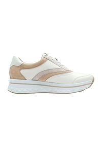Baskets en cuir blanc avec des accents en suède beige clair, bout arrondi, design à lacets et semelle texturée blanche.