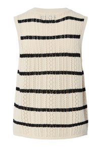 Πλεκτό γιλέκο σε κρεμ απόχρωση με μαύρες οριζόντιες ρίγες, χαρακτηρισμένο από υφή και άνετο χωρίς μανίκια σχέδιο. Ραμμένο τελείωμα στο λαιμό και στο στρίφωμα.