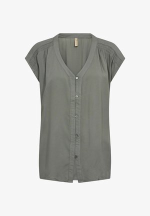 Graue Kurzarmbluse mit V-Ausschnitt, durchgehender Knopfleiste und gerafften Details an den Schultern, aus leichtem Stoff gefertigt.