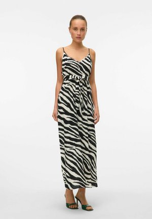 Sort og hvid zebra-stribet maxi-kjole med en tætsiddende bodice, justerbare spaghetti-stropper og en bundet taljedetalje.