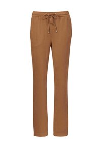 Bruine, lichtgewicht, rechte broek met een elastische tailleband, verstelbaar trekkoord en geen zichtbare zakken. Soepele textuur.
