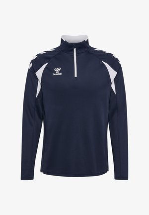 Marineblauer Sportpullover mit weißen Akzenten, langen Ärmeln, einem Reißverschluss vorne und einem hummel-Logo auf der linken Brust.