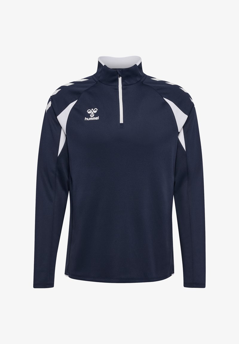 Mørkeblå sports-pullover med hvide accenter, lange ærmer, en lynlås foran og en hummel-logo på venstre bryst.