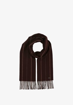 Écharpe bordeaux avec des rayures verticales marron clair, fabriquée en matériau doux, avec des extrémités à franges et une petite étiquette de marque sur un côté.