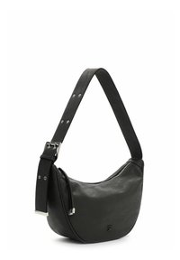 Black leather crescent-shaped shoulder bag with wide adjustable strap and silver buckle and zipper closure.