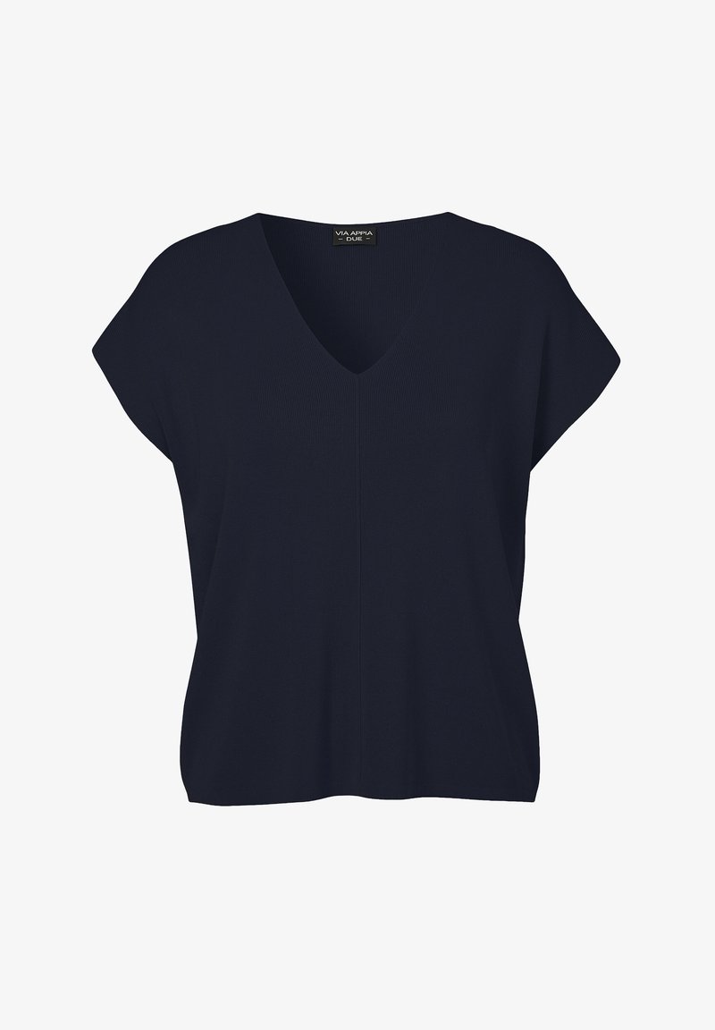 Navyblaues V-Ausschnitt-Oberteil mit kurzen Cape-Ärmeln, aus geripptem Stoff gefertigt. Hat eine senkrechte Naht in der Mitte für zusätzlichen Detail.