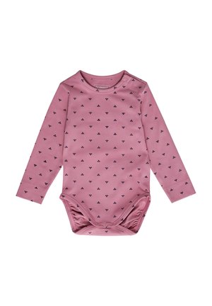 Långärmad rosa bodysuit i mjukt tyg med ett upprepat marinblått mönster. Tryckknappsstängning vid axel och nederkant för enkel påklädning.