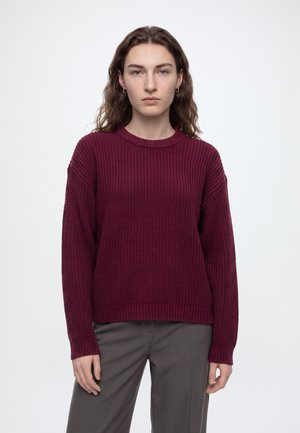 Ung person med langt brunt hår iført en burgundy striktrøje og grå bukser, stående mod en ensfarvet hvid baggrund.