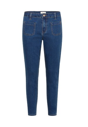Skinny jeans made of dark blue denim. Features a button closure, two front pockets, and two back pockets with a stitched design.