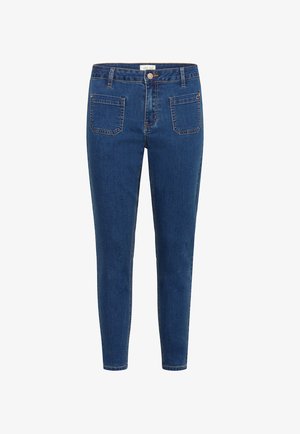 Skinny jeans made of dark blue denim. Features a button closure, two front pockets, and two back pockets with a stitched design.