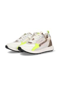 Sneakers featuring a mix of white leather, leopard print accents, neon green details, silver textile elements, and a black rubber sole.