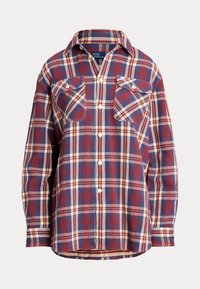 Langärmeliges Hemd mit rotem, marineblauem und cremefarbenem Karomuster, ausgestattet mit zwei Brusttaschen mit knöpfbaren Klappen.