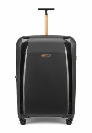 Maleta rígida negra con cuatro ruedas, asa telescópica dorada y logotipo "EPIC" centrado en el panel frontal.