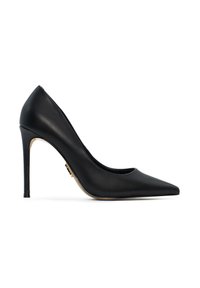 Pump nera in pelle con tacco alto, punta affusolata, design elegante, tacco a stiletto e interno foderato. Accento dorato vicino alla base del tacco.