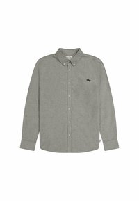 Camisa de botones gris de manga larga, fabricada en un tejido ligero, con cuello y un sutil logo negro en el pecho. Corte clásico y diseño sencillo.