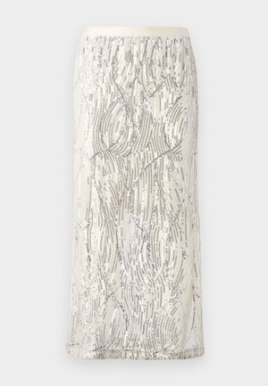 Hõbedane ja elevandiluust põlvepikkune seelik, millel on laineline muster, kaunistatud luku ja õrnade niididetaile pehmest kangast.