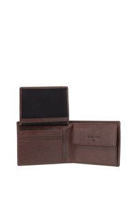 Brown leather wallet with a smooth texture, featuring multiple card slots and a small flap pocket. Includes a black mesh ID display.