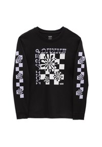 Langärmliges schwarzes Shirt mit floralen und schachbrettartigen Mustern in Weiß und Lavendel, auf der Vorderseite mit dem Text "DU BIST GÖTTLICH".