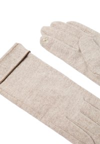 Pletene rukavice od svijetlosmešane vune, s preklopnim rubom, dizajnom s pet prstiju i jednostavnom cvjetnom vezom na jednom prstu.