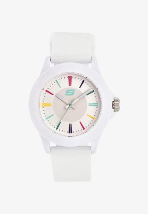 Witte polshorloge met meerkleurige uurmarkeringen, zilveren wijzers, een petroolblauwe secondewijzer en een witte siliconen band die de tijd 10:10:37 toont.