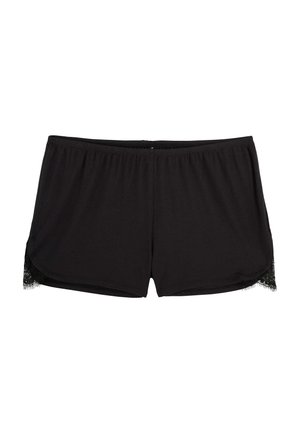 Shorts noirs en tissu doux, offrant une coupe décontractée avec des accents en dentelle sur les côtés pour une touche délicate. Texture lisse sur toute la surface.