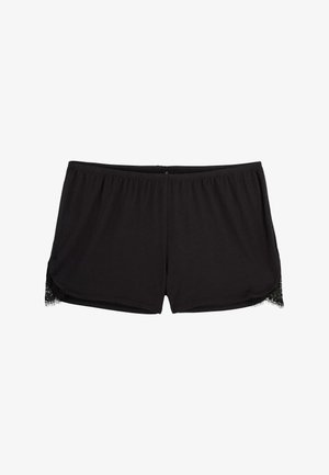 Pantaloncini neri realizzati in tessuto morbido, con una vestibilità comoda e dettagli in pizzo sui lati per un tocco delicato. Texture uniforme su tutta la superficie.
