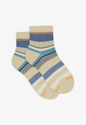 Calzini con un motivo a righe nei toni beige, blu e grigio con dettagli metallici. Lunghezza corta con una texture morbida e punta rinforzata.