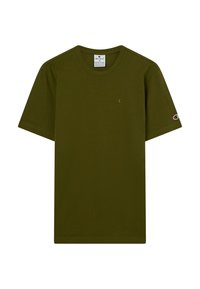Olijfgroen T-shirt met korte mouwen van Champion met een klein logo op de borst en de mouw, ronde hals, plat gelegd op een witte achtergrond.