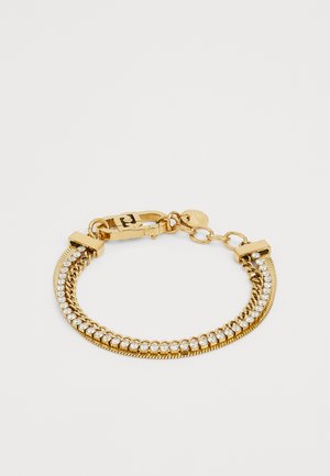 Bracciale in oro con due file: una di catena collegata e l'altra di pietre preziose trasparenti. Include una chiusura e un'estensione della catena regolabile.