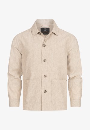 Beige jasje gemaakt van gestructureerde stof met een knoopsluiting, omklapbare kraag, lange mouwen en twee voorzakken.