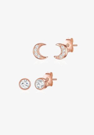 Ensemble de boucles d'oreilles clous en or rose, une paire en forme de croissants de lune avec de petits cristaux, une paire avec des pierres précieuses rondes claires serties en chaton.