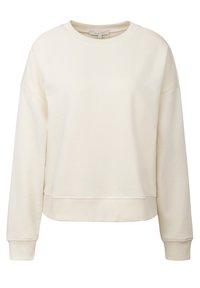 Cream-colored sweatshirt with a round neckline, drop shoulders, and ribbed cuffs. Smooth texture with a slightly cropped body design.