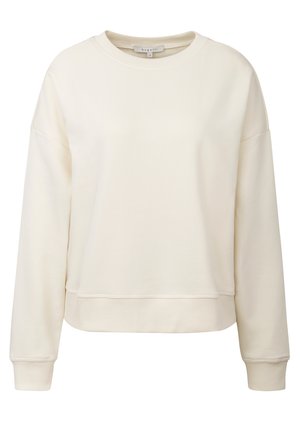 Cream-colored sweatshirt with a round neckline, drop shoulders, and ribbed cuffs. Smooth texture with a slightly cropped body design.