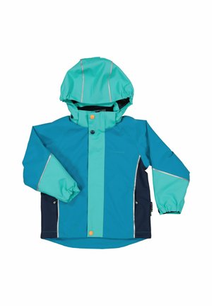 Børne regnjakke i nuancer af blå og teal med hætte, elastiske ærmegab, knapper foran og reflekterende kant på ærmer og hætte.