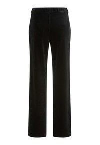 Zwarte corduroy broek met een recht model. Heeft een gladde textuur en een elastische tailleband voor comfort.