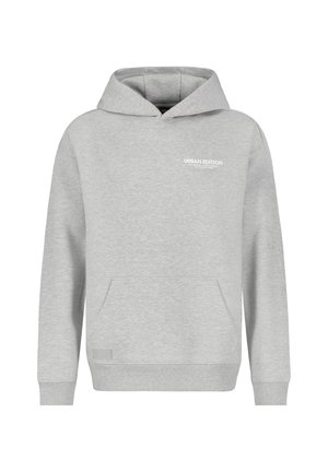 Grijze hoodie van zachte stof, met een voorzak, geribbelde manchetten en een trekkkoord kap. "URBAN EDITION" logo op de borst.