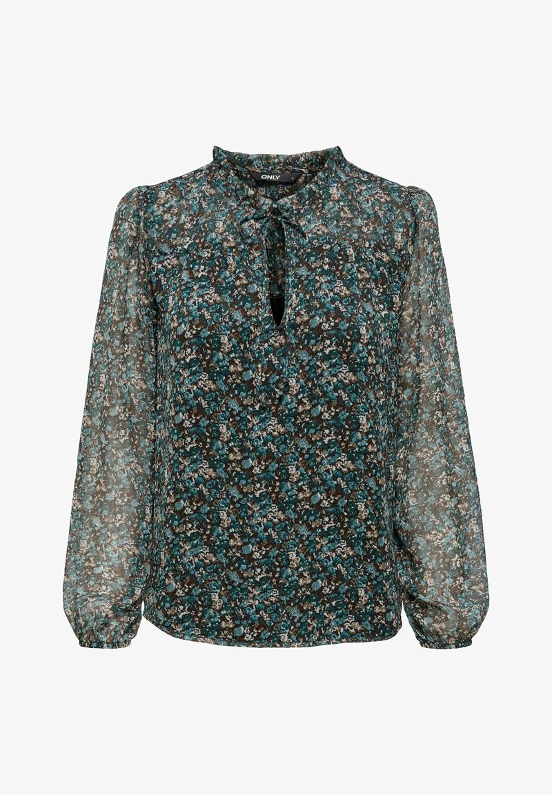 Blouse transparente à manches longues avec poignets froncés, motif floral bleu canard foncé et marron, encolure goutte avec petit nœud devant.