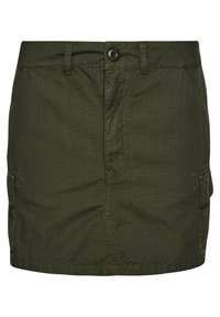Olivgrön kjol i lättviktsmaterial, med knappstängning, platta framfickor och en texturerad yta med ett diskret rutmönster.