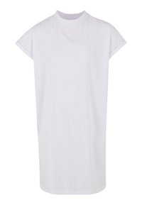 Biała bawełniana sukienka typu t-shirt z wysokim kołnierzykiem i krótkimi podwiniętymi rękawami. Charakteryzuje się prostą sylwetką i miękką, gładką teksturą.
