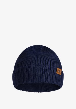 Berretto lavorato a maglia blu navy con motivo testurizzato, caratterizzato da una piccola etichetta in pelle marrone sul lato. Materiale elastico e morbido.