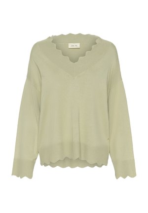 Maglione a maglia verde chiaro con scollatura a V ondulata, spalle scese e orlo e polsini ondulati a coste. Texture morbida, vestibilità rilassata.