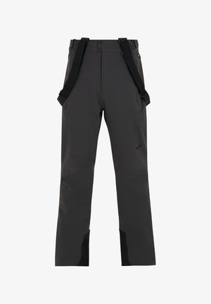 Pantalons de ski noirs imperméables avec des bretelles réglables, jambes larges, deux poches avant et jambes inférieures renforcées pour plus de durabilité.