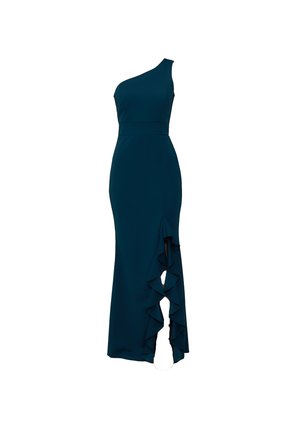 Τιρκουάζ φόρεμα με έναν ώμο από λείο ύφασμα. Διαθέτει εφαρμοστό μπούστο και ψηλή πλαϊνή σκίσιμο με λεπτομέρεια βολάν κατά μήκος της ραφής.