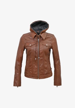 Veste en cuir brun au design ajusté, fermeture éclair, deux poches avant et une capuche amovible. Doublure intérieure texturée.