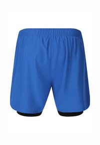 Blå atletiske shorts med sort kompressionsindvendigt lag, elastisk taljebånd og løs ydre stof vist bagfra på hvid baggrund.