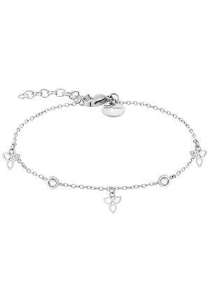 Bracelet en chaîne argentée avec des éléments décoratifs : trois charms en forme de fleur et deux pierres gemmes claires rondes. Fermeture à mousqueton.