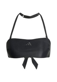 Čierny pruhovaný bikiny vrch s bandeau dizajnom, ktorý má nastaviteľné ramienka a uzáver na viazanie. Hladká textura so subtílnym logom.