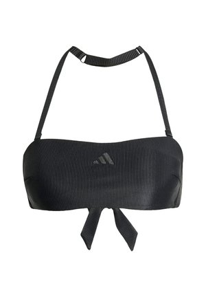 Svart randig bikiniöverdel med bandeau-design, som har justerbara band och knytstängning. Slät textur med en subtil logodetalj.